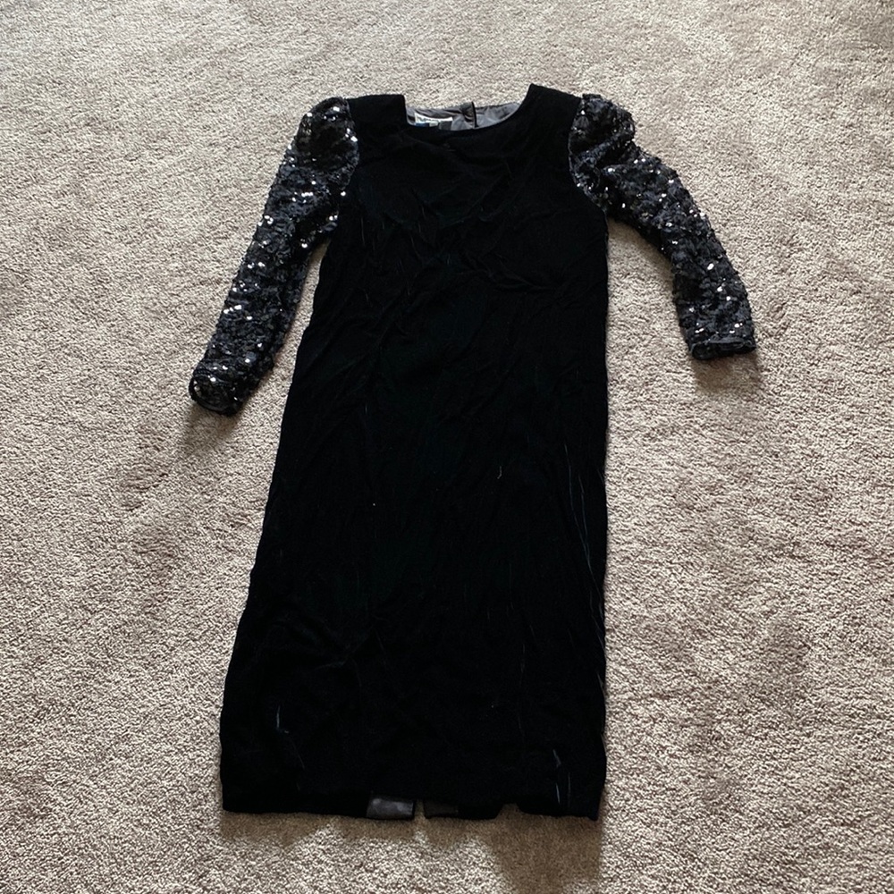 Act 1 Black Velvet Dress Sequin Sleeve Vintage 80s 90s Button Front SIZE 13/14